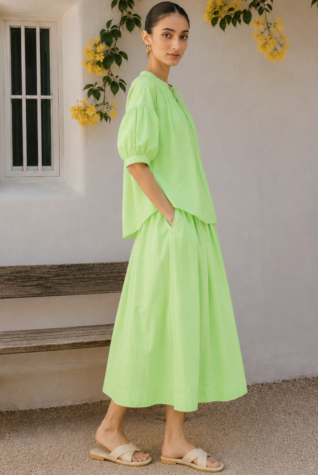 Lime Green Poplin Top & Midi Skirt Set