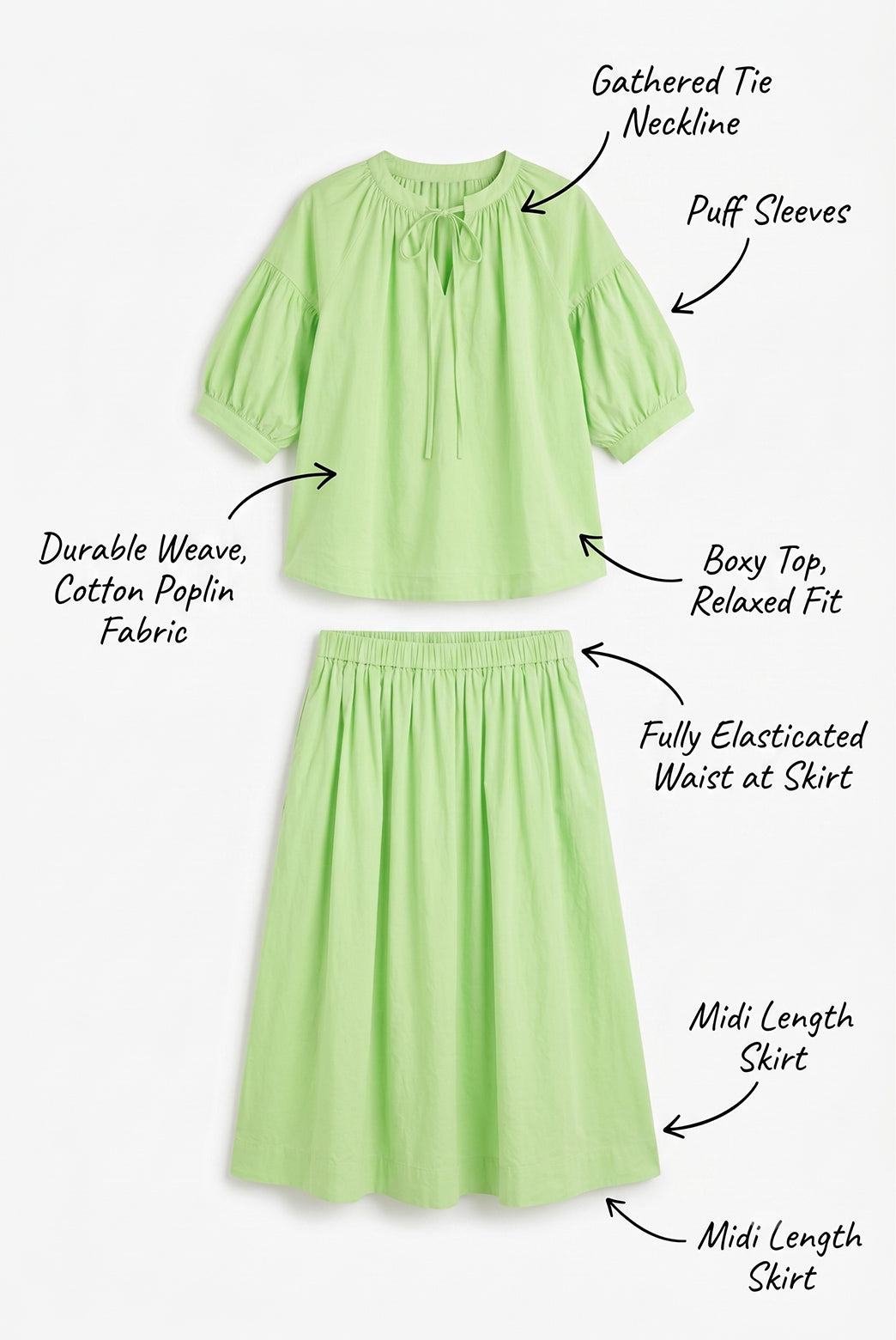 Lime Green Poplin Top & Midi Skirt Set