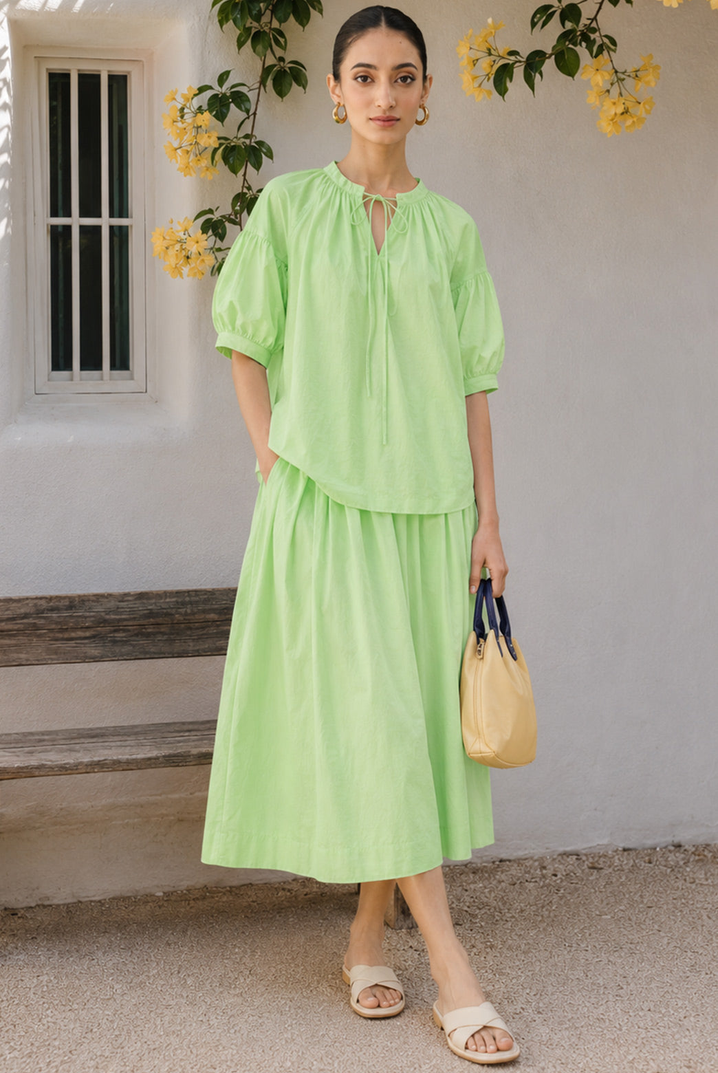 Lime Green Poplin Top & Midi Skirt Set