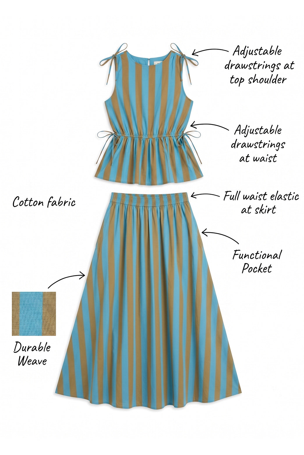 Aqua Cotton Striped Skirt Set