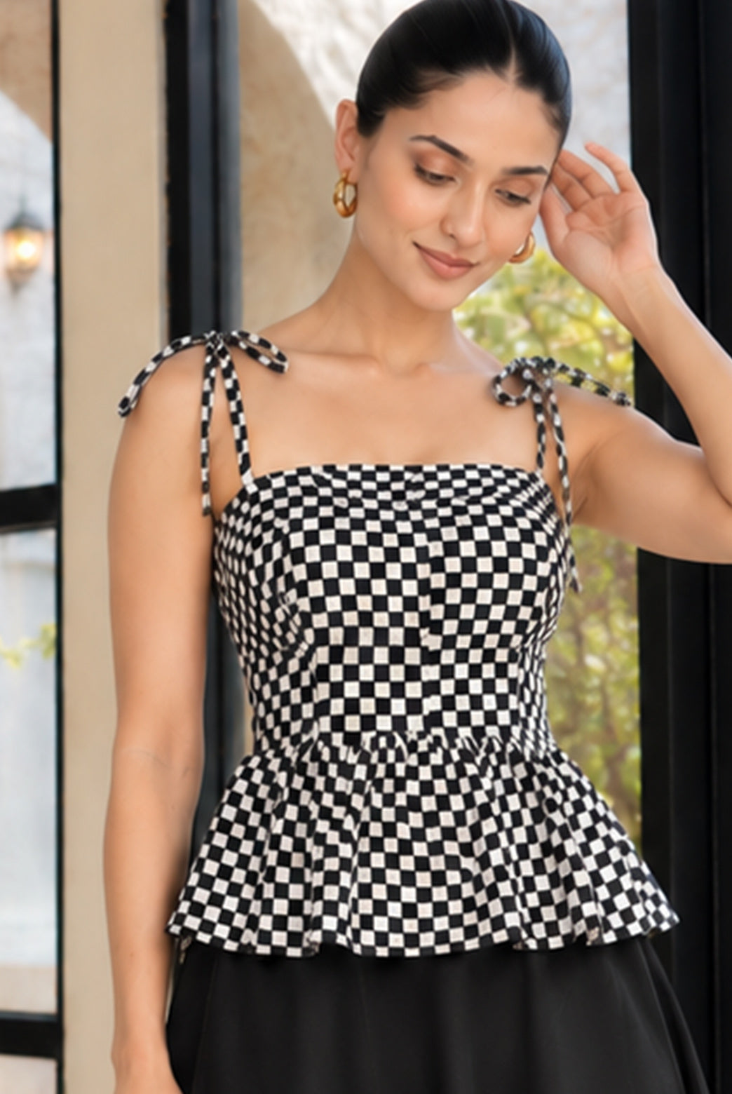 Black & White Checkered Peplum Skirt Set