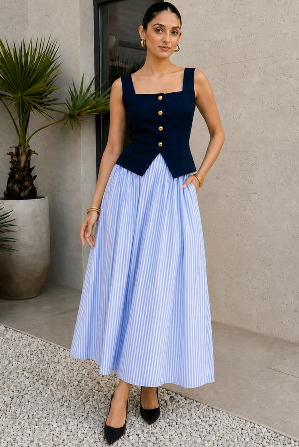 Navy Vest & Pinstripe Skirt Set