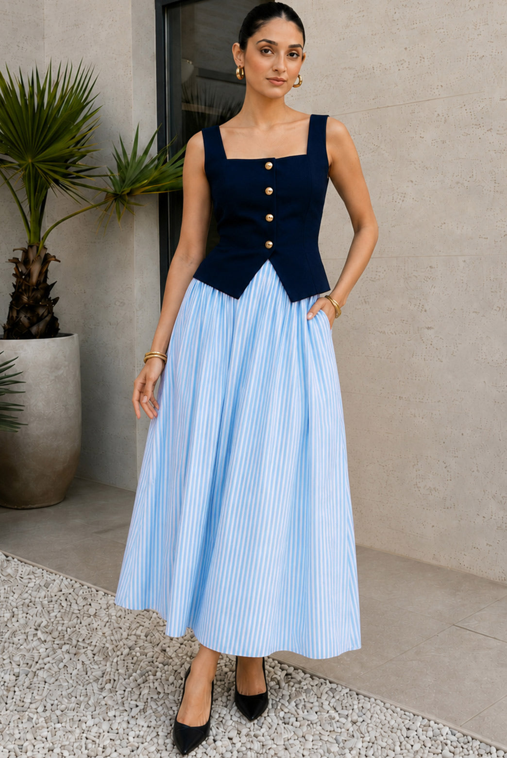 Navy Vest & Pinstripe Skirt Set